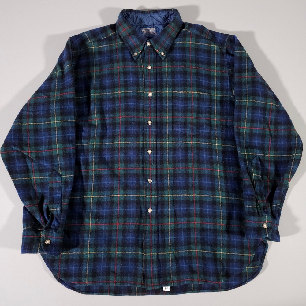 Pendleton Flannel Shirt Mens XL Blue Green Plaid Virgin Wool Button Down USA